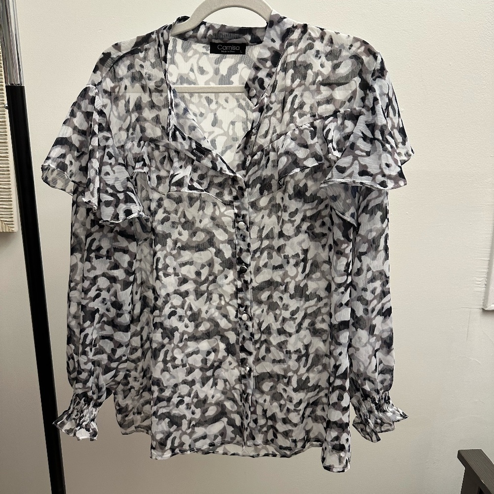 CAMISA White and Grey Leopard Blouse with Frills
